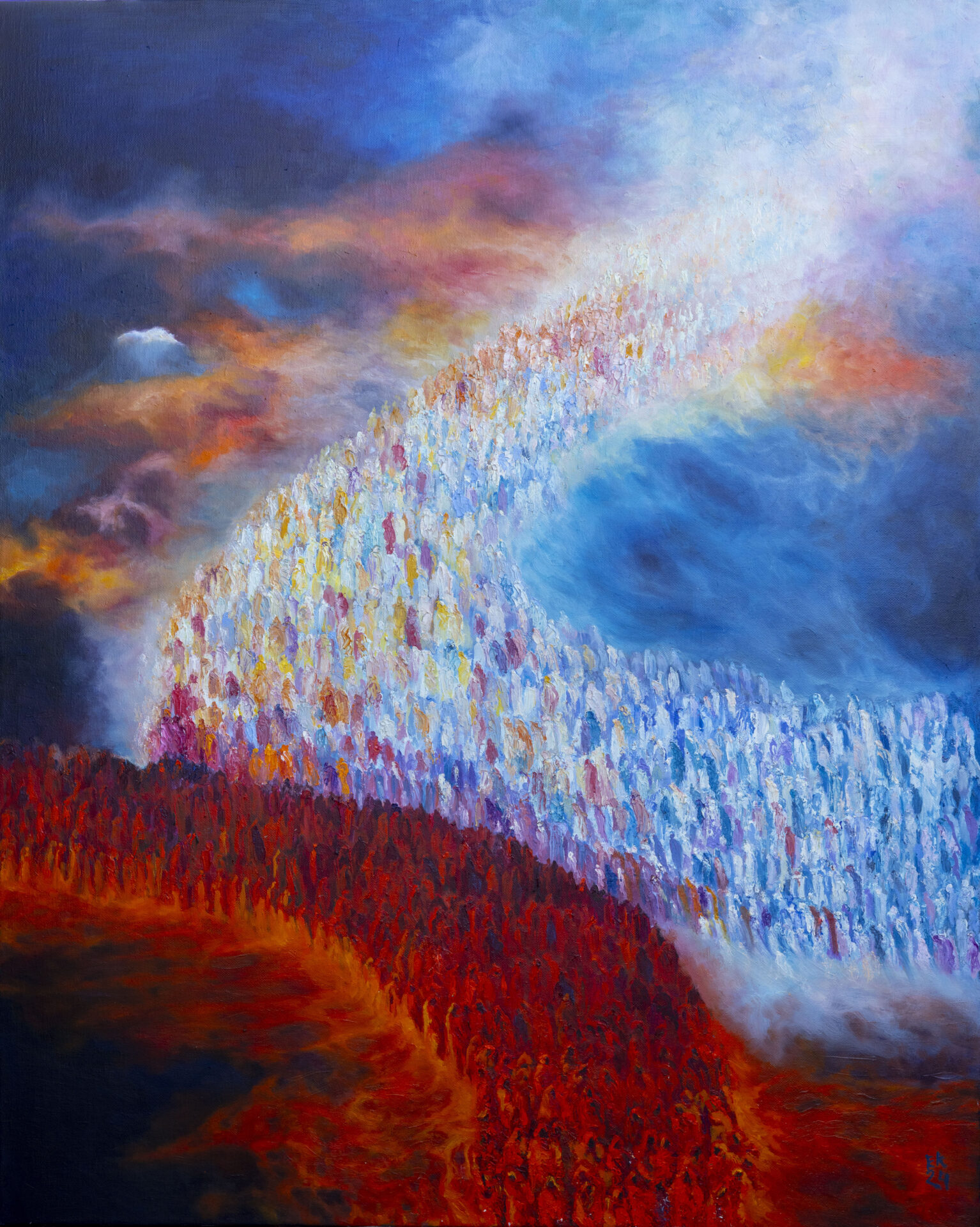 Small human figures flowing between vivid red earth and blue space