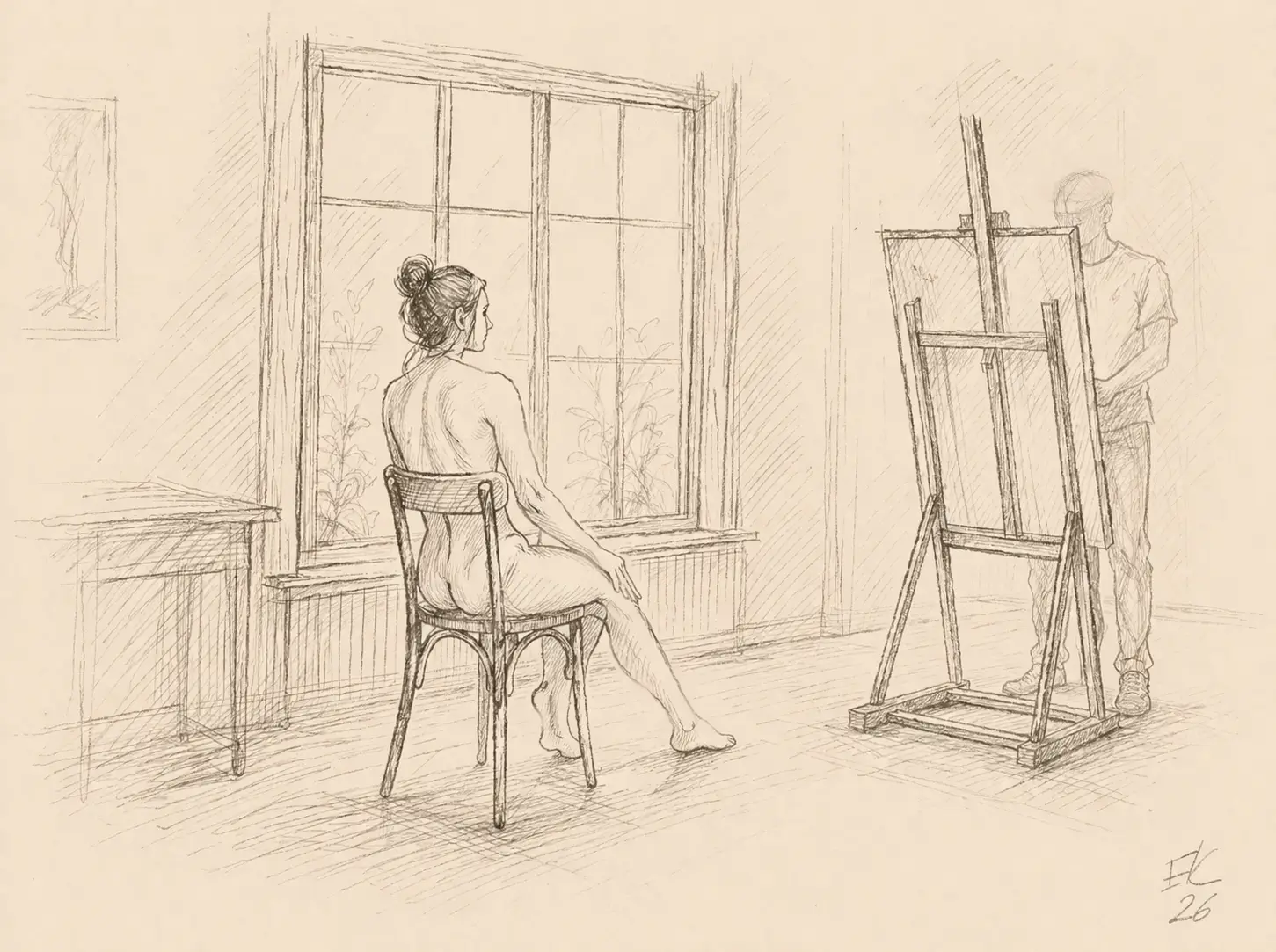 Eugene's drawing of an artist and a seated model in the studio