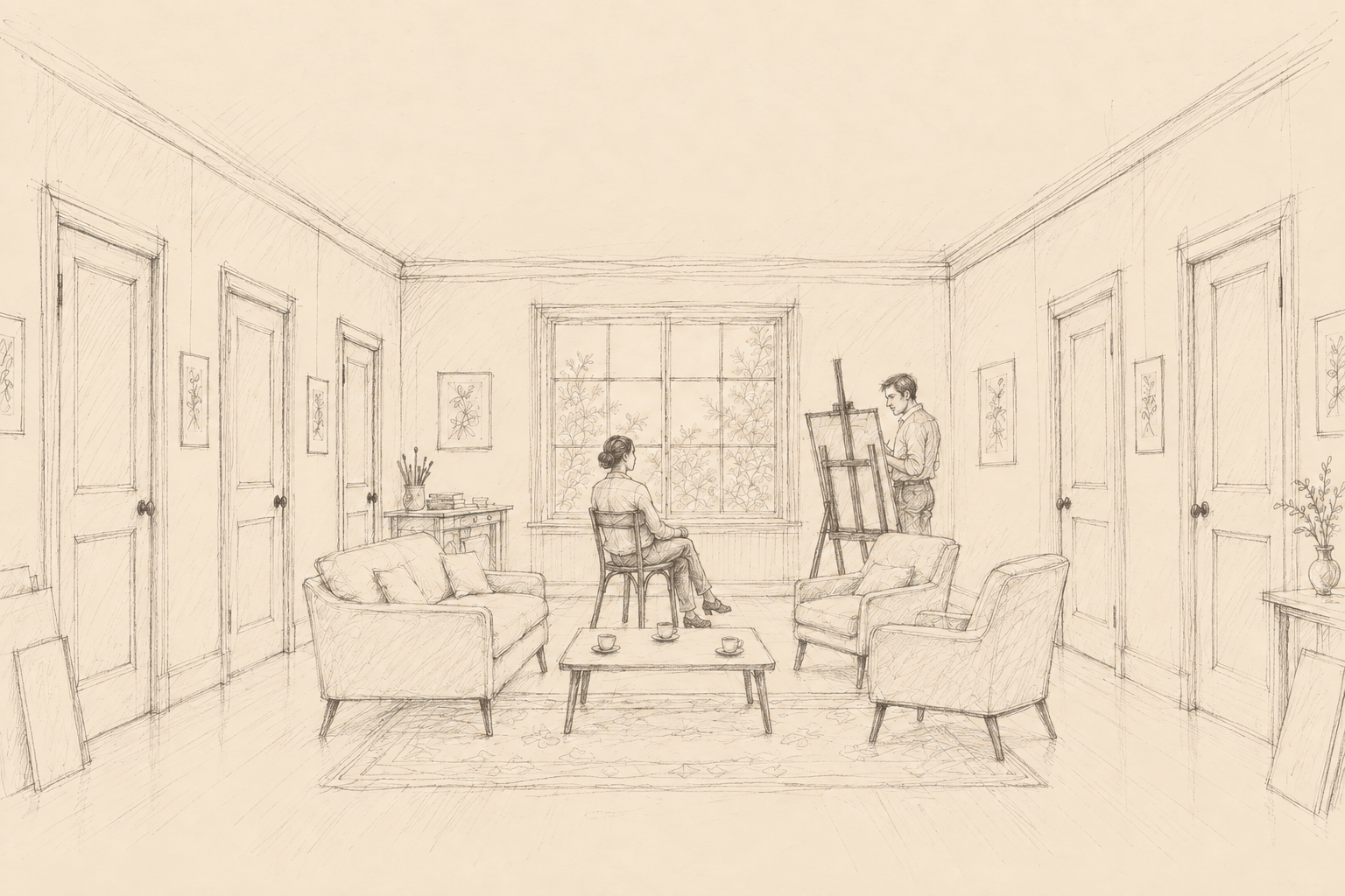 A pencil-drawn artist’s studio with five gallery doors, a sofa, two chairs and a coffee table.